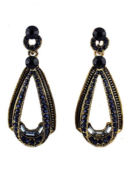 Romwe Blue Gemstone Retro Gold Drop Earrings