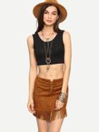 Romwe Khaki Lace Up Fringe Suede Skirt