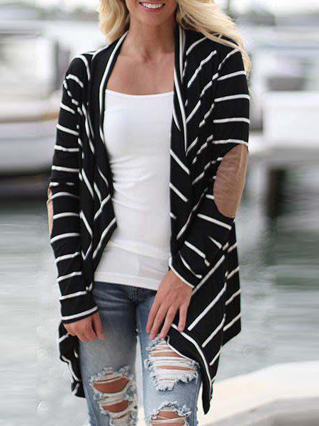Romwe Black Long Sleeve Striped Coat