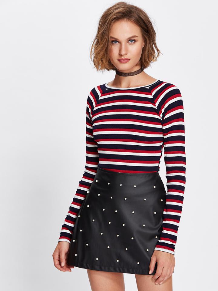 Romwe Raglan Sleeve Rib Knit Striped Tee