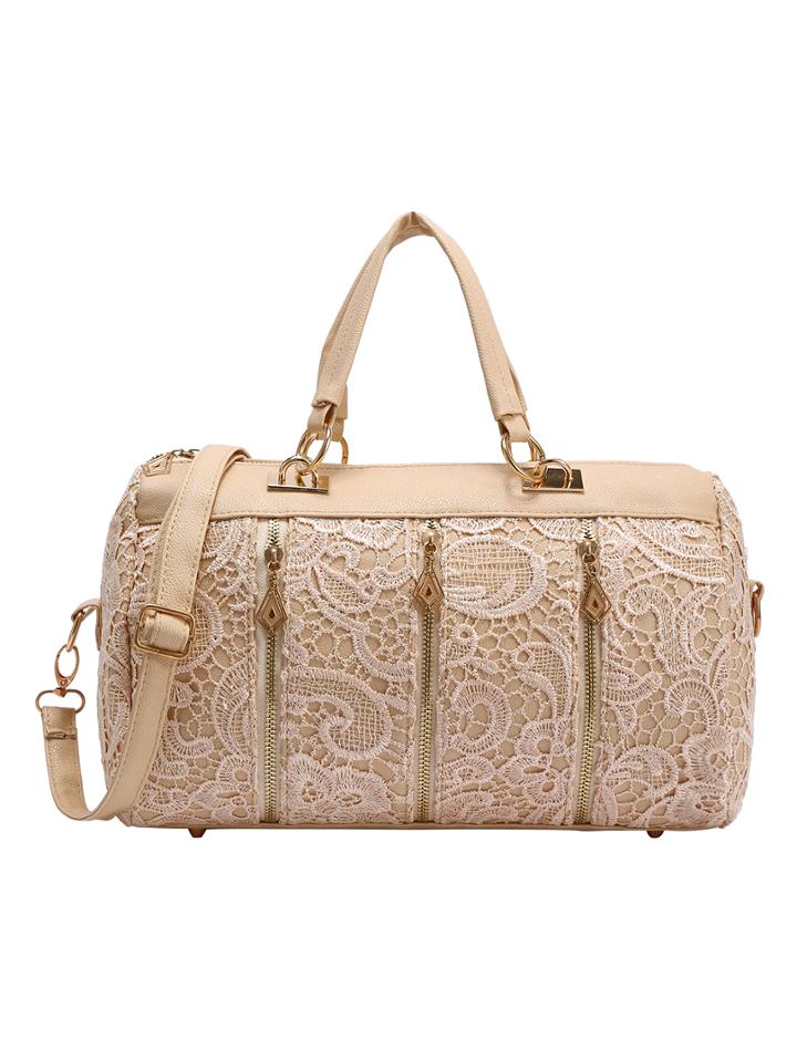 Romwe Zip Embellished Lace Boston Bag