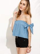 Romwe Blue Tied Off The Shoulder High Low Denim Top