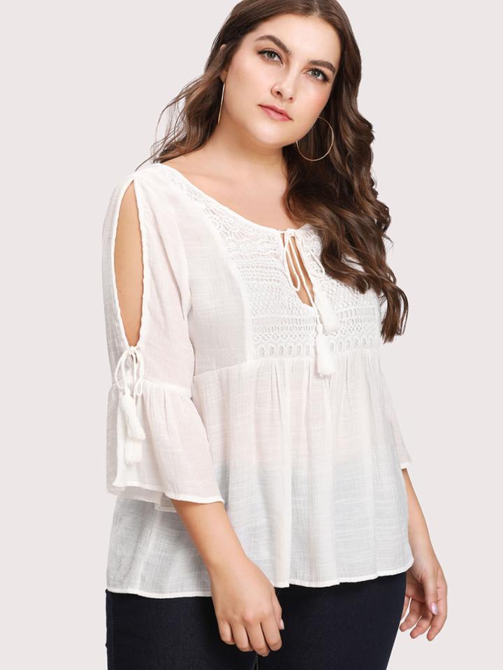 Romwe Tassel Tie Crochet Yoke Smock Top