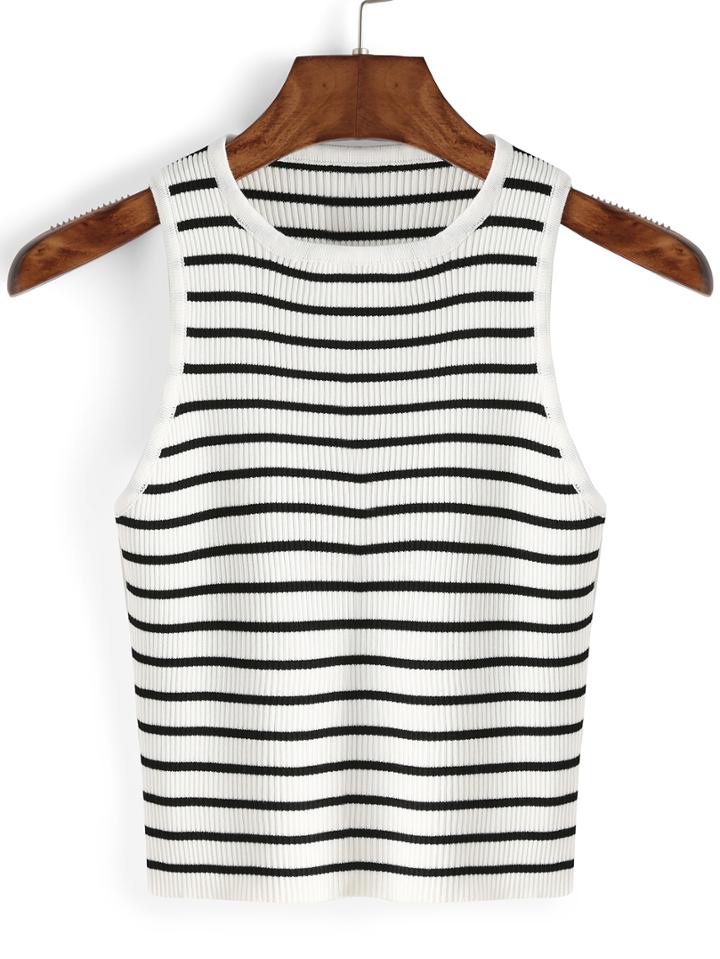 Romwe Striped Ribbed White Tank Top