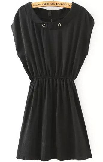 Romwe Round Neck Elastic Waist Black Dress