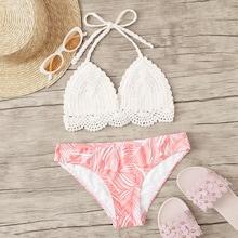 Romwe Crochet Halter Top With Random Palm Leaf Bikini Set