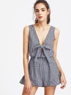 Romwe Bow Tie Plunge Neck Ruffle Hem Checkered Romper