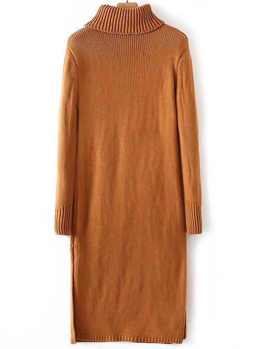 Romwe Khaki Turtle Neck Side Slit Sweater Dress