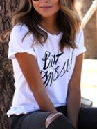 Romwe White Round Neck Letter Print T-shirt