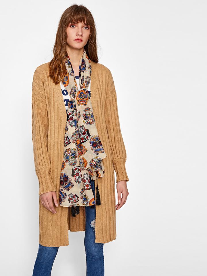 Romwe Skeleton Print Tassel Detail Scarf