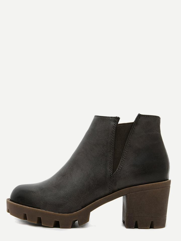 Romwe Grey Distressed Pu Elastic Chunky Heel Ankle Boots