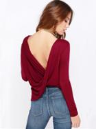 Romwe Wine Red Long Sleeve Cross Backless T-shirt