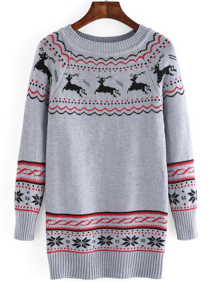 Romwe Deer Snowflake Print Long Grey Sweater