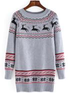 Romwe Deer Snowflake Print Long Grey Sweater