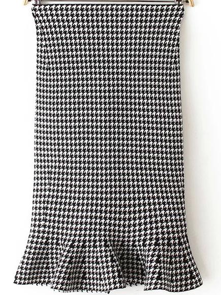 Romwe Houndstooth Ruffle Hem Skinny Skirt