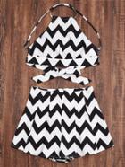 Romwe Black And White Chevron Print Crisscross Racerneck Top With Shorts