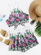 Romwe Crisscross Tie Back Floral Cami And Shorts Co-ord