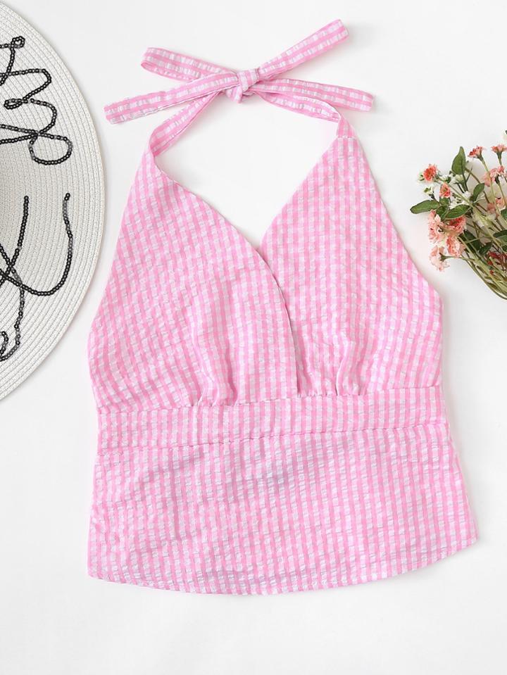 Romwe Plaid Open Back Halter Top