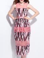 Romwe Pink Sheer Gauze Sequined Crochet Dress