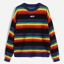 Romwe Men Rainbow Stripe Embroidery Detail Jumper