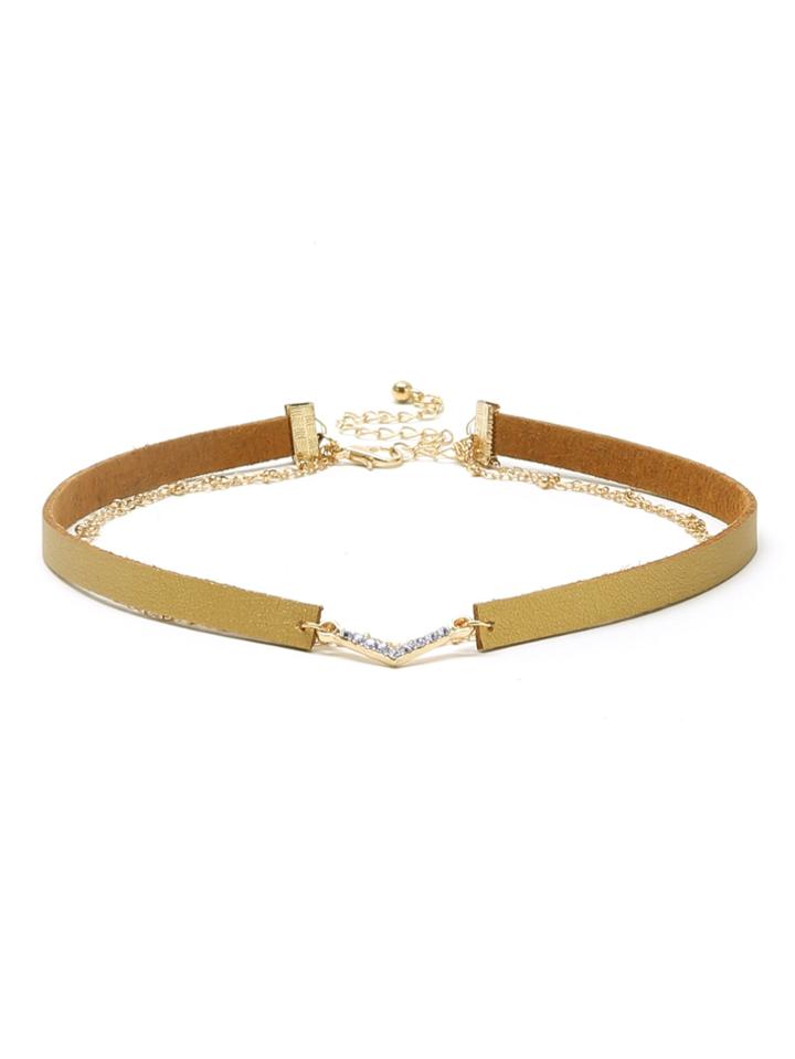 Romwe Gold Faux Leather Layered Chain Rhinestone Choker Necklace