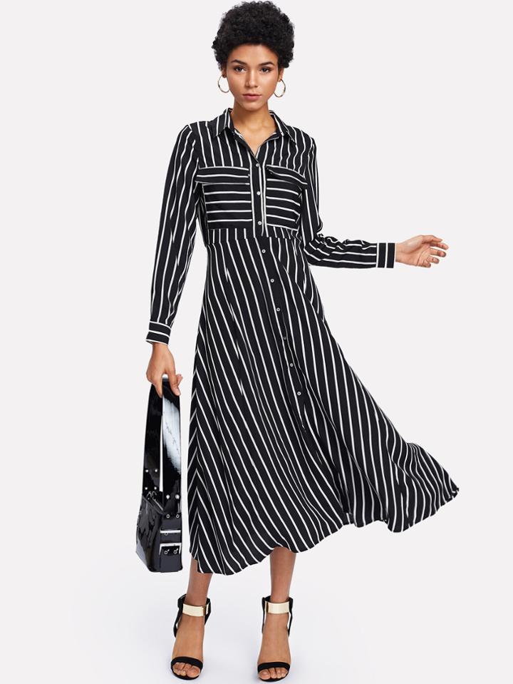 Romwe Pocket Patch Button Up Front Shirt Dress