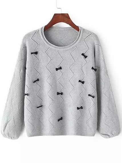 Romwe Round Neck Bow Grey Sweater