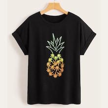 Romwe Pineapple Print Roll Up Sleeve Tee