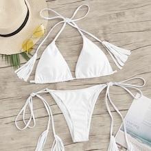 Romwe Fringe Detail Self Tie Triangle Bikini Set