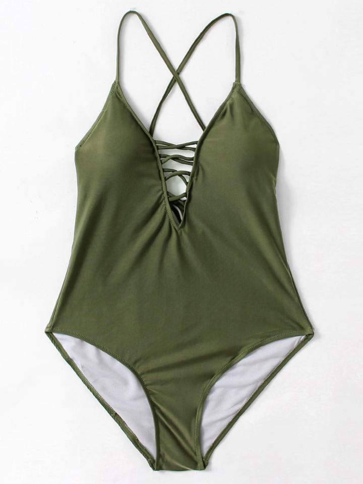 Romwe Criss Cross Plunge Neckline Open Back Swimsuit