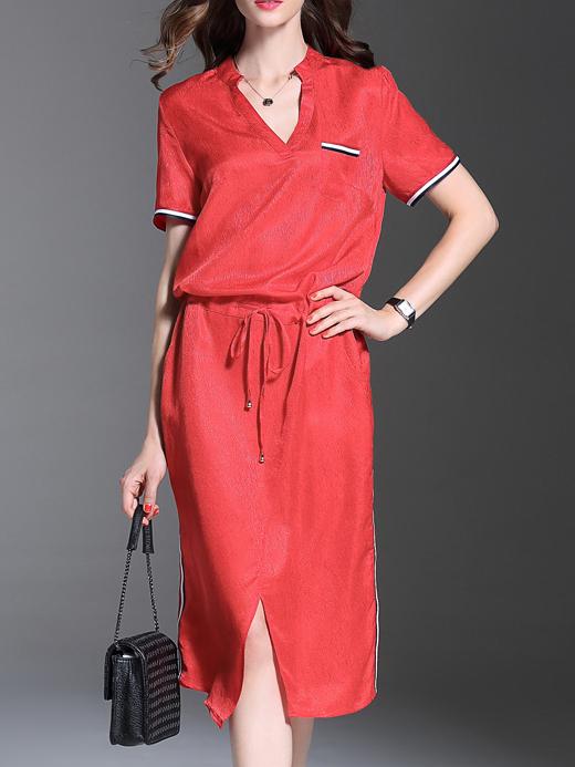 Romwe Red V Neck Drawstring Sheath Dress