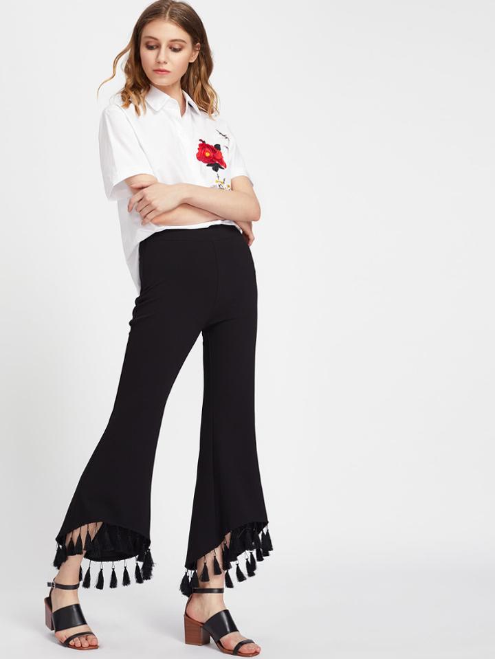 Romwe Tassel Trim Staggered Hem Flared Pants