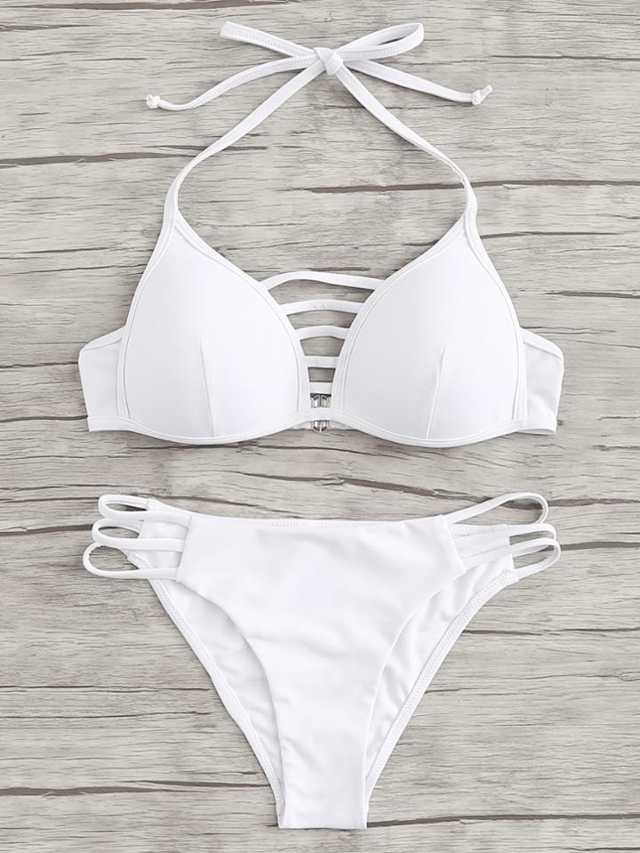 Romwe Laddering Cut Solid Bikini Set