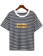 Romwe Letter Print Striped Black T-shirt