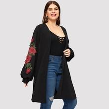 Romwe Plus Floral Applique Coat