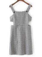 Romwe Black And White Plaid Cutout Zipper Dress