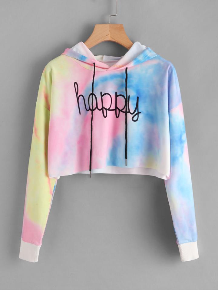 Romwe Letter Print Water Color Hoodie