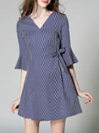 Romwe Blue V Neck Bell Sleeve Striped Dress