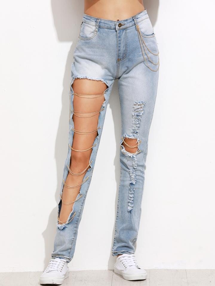 Romwe Blue Chain Detail Ripped Pants