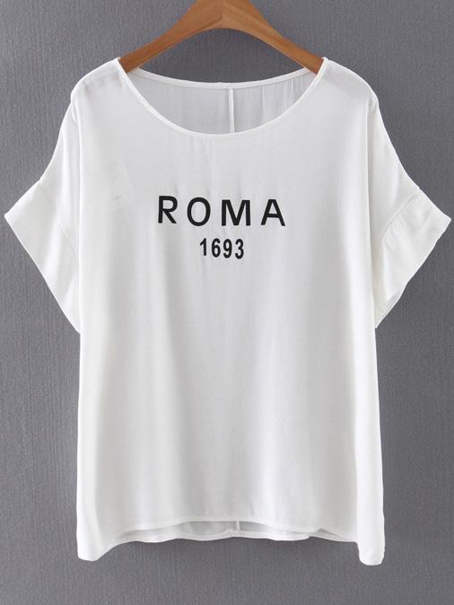 Romwe White Short Sleeve Letters Printed Blouse