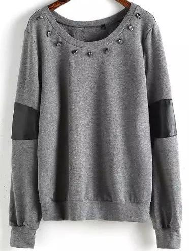 Romwe Contrast Pu Skull Rivets Sweatshirt