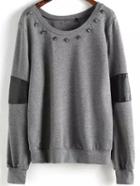 Romwe Contrast Pu Skull Rivets Sweatshirt
