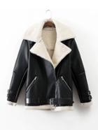 Romwe Contrast Faux Fur Lined Belted Jacket