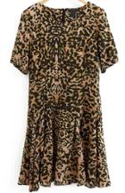 Romwe Short Sleeve Leopard Pleated Dress