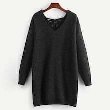 Romwe Plus V Neck Lace Up Back Sweater
