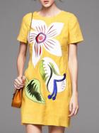 Romwe Yellow Crew Neck Flowers Embroidered Dress