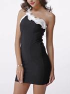 Romwe Black White Contrast One Shoulder Bodycon Dress