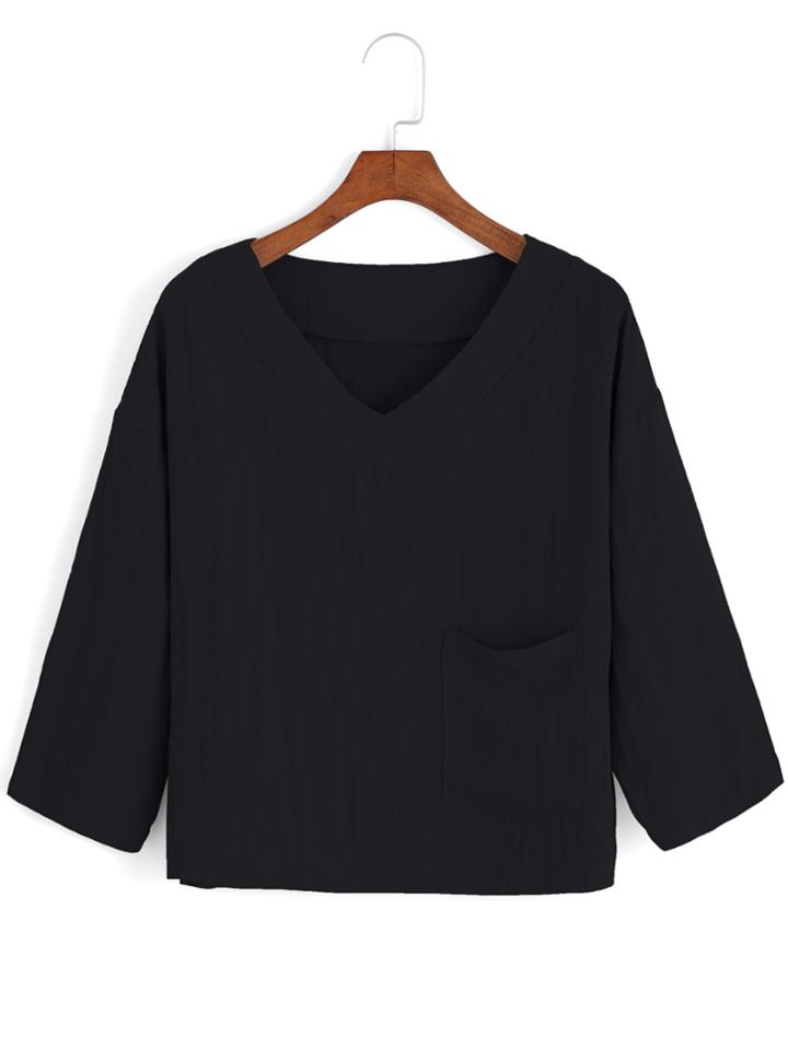 Romwe V Neck With Pocket Black Top
