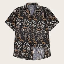 Romwe Guys Button Up Notched Botanical Print Shirt