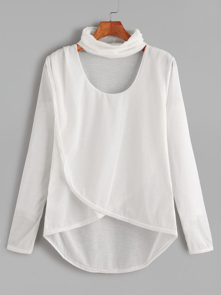 Romwe White Dip Hem Choker Neck Wrap Front T-shirt